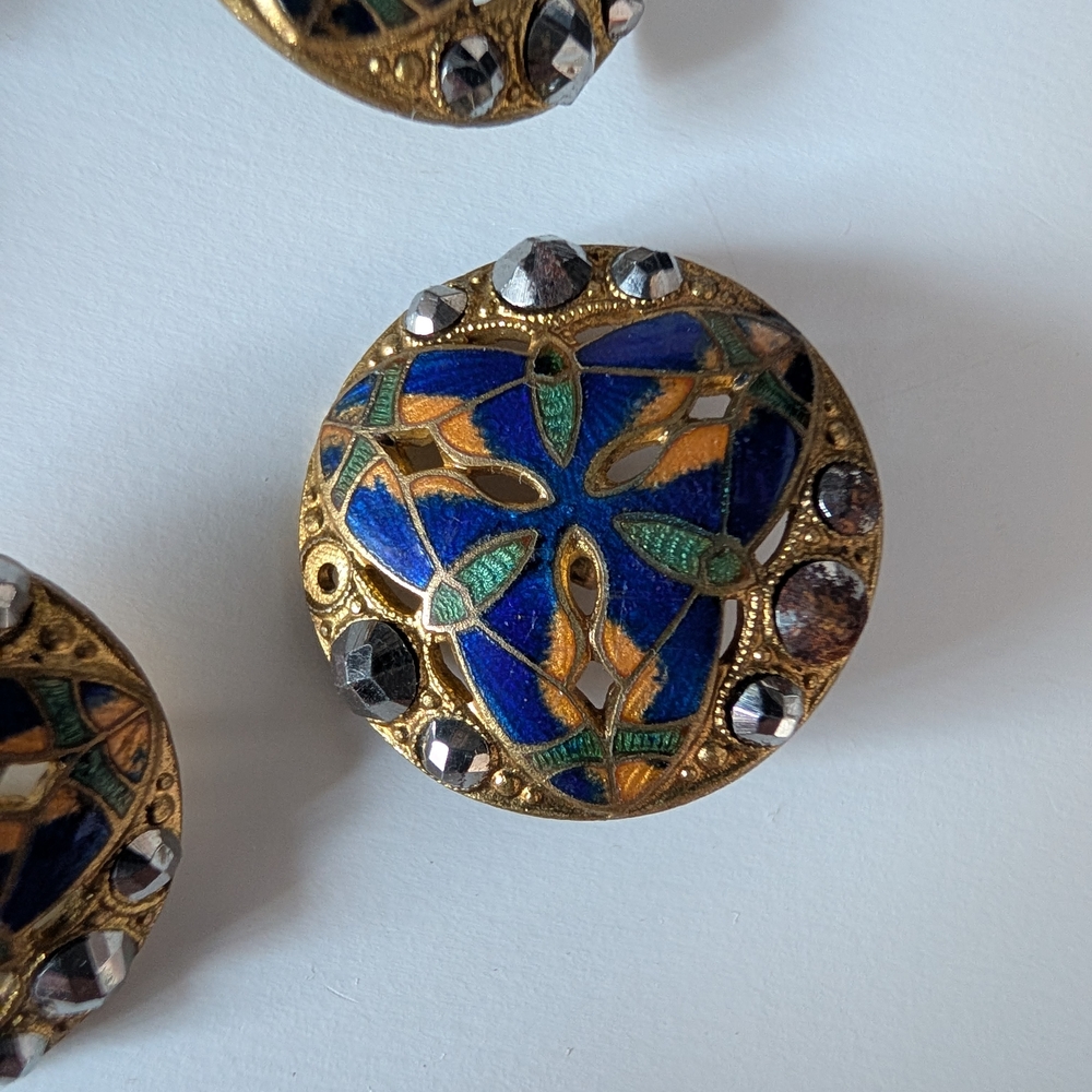 Antique French Cloisonne Reticulated Brass Buttons - Picture 2 of 7